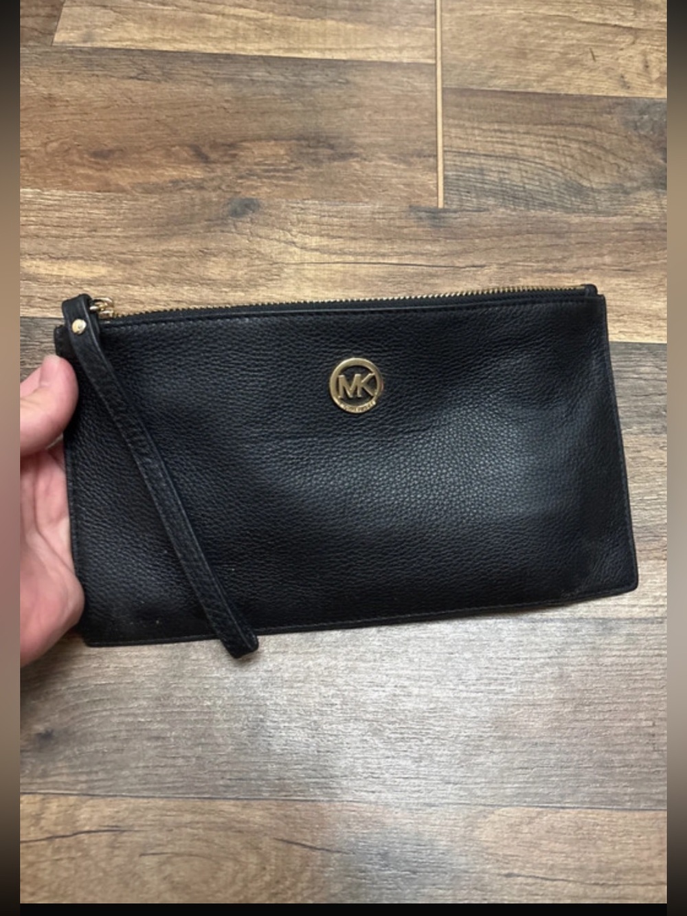 Michael Kors Black Leather Wristlet Clutch with Gold MK Logo
